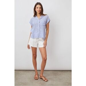 Rails Whitney Blue White Stripe Daisy Short Sleeve Collared Linen Rayon Shirt XS